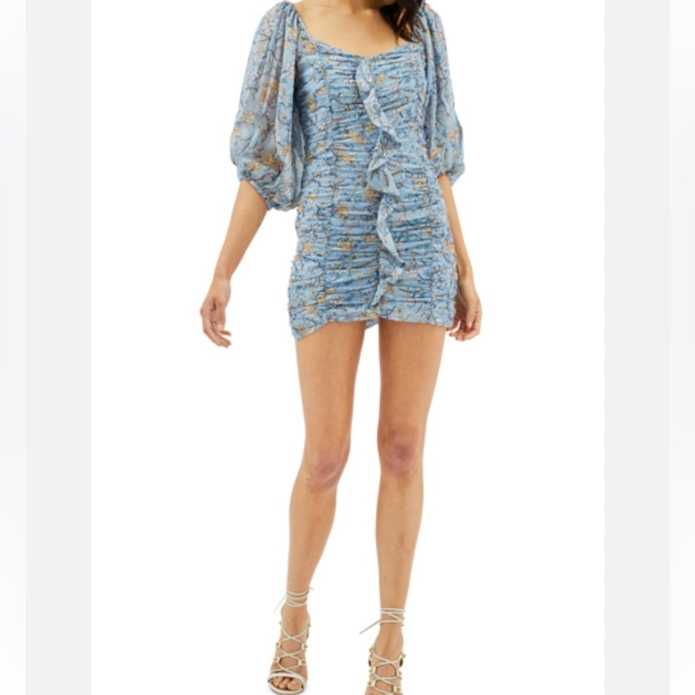Mink Pink Blue Floral Dahlia Ruched Dress - Picture 2 of 16